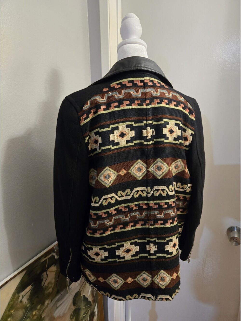 Zara Womens Size Small Knit Aztec Western Tribal Moto Leather Jacket Oversized - Picture 6 of 8